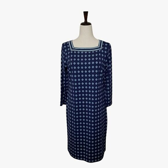 Talbots Navy Blue & Mint Green Patterned Square Neck Stretch Shift Dress Size M - Picture 1 of 6
